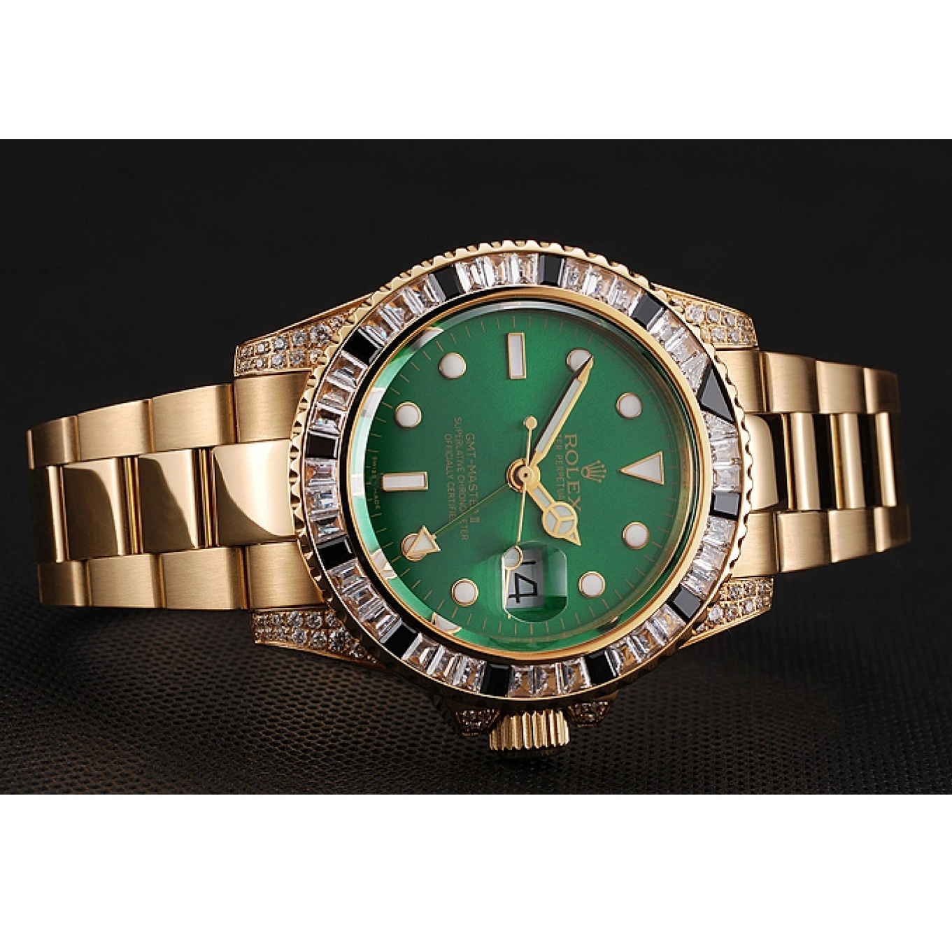 Aaa replica watch Rolex And Stone Bracelet GMT Gold Master Green Swiss Set II Dial 1453748 Case Bezel 0528